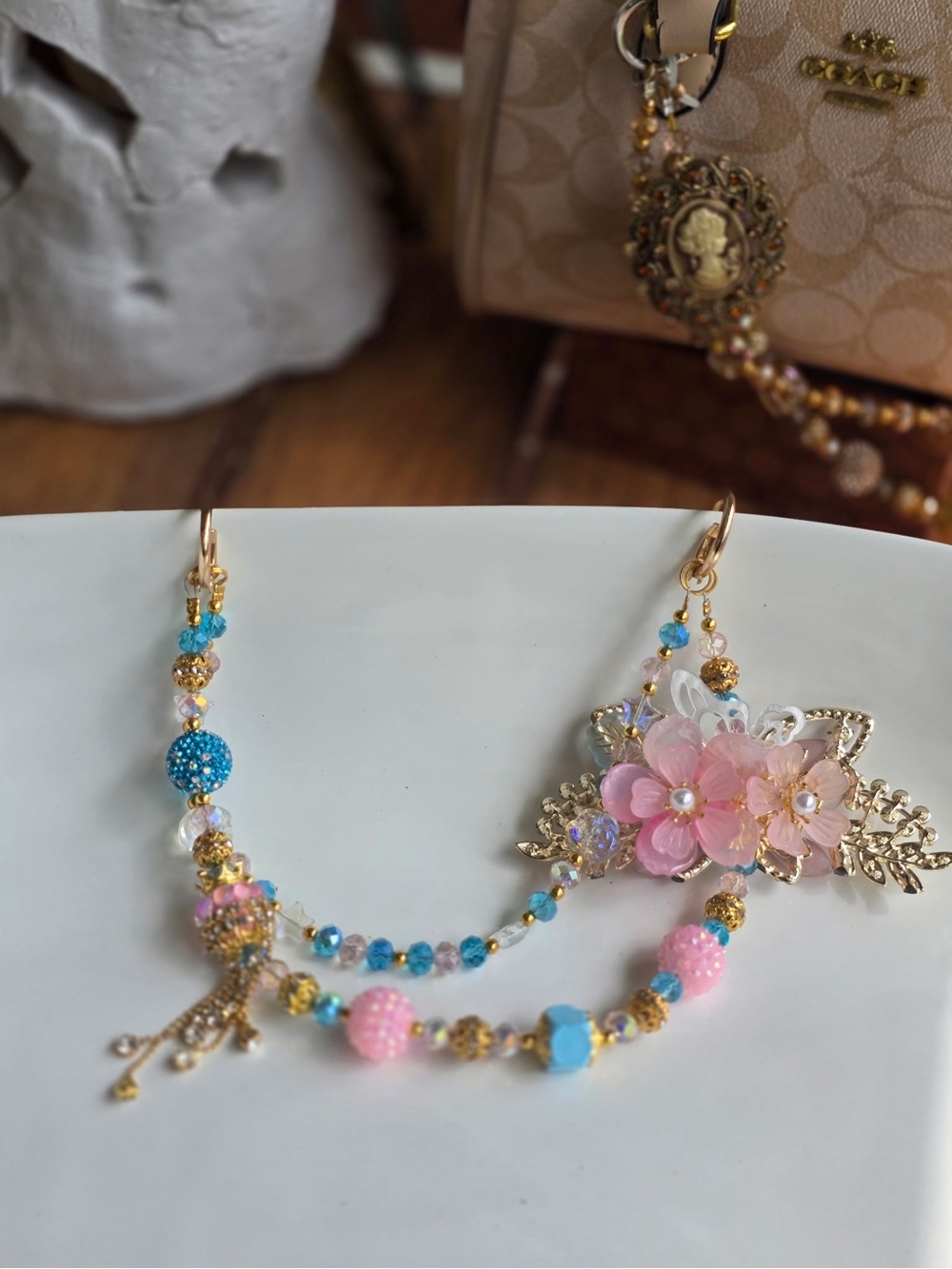 Pink and Blue Floral Beaded Statement bag charm